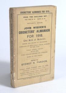 Wisden Cricketers&rsquo; Almanack 1918. 55th edition. Original paper wrappers. Discolouration and wear to spine paper, some loss to spine paper and lower corner of the front wrapper, some marks to front and rear wrapper edges, some ink staining to rear wrapper,