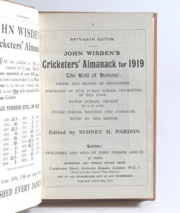 Wisden Cricketers&rsquo; Almanack 1919. 56th edition. Bound in light brown boards, lacking original paper wrappers, with titles in gilt to spine. Some browning to page edges, Good/very good condition. Rare war-time edition