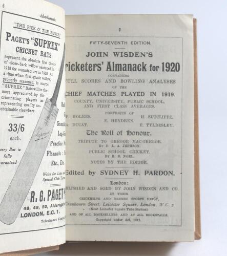 Wisden Cricketers&rsquo; Almanack 1920, 1923 and 1925. 57th, 60th & 62nd editions. All three bound in light brown boards, the 1923 with poor/fair original wrappers, the other two lacking wrappers. The 1920 and 1925 editions in good condition, the 1923 with some