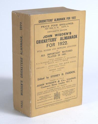 Wisden Cricketers&rsquo; Almanack 1922. 59th edition. Original paper wrappers. Very minor wear to spine paper otherwise in very good+ condition