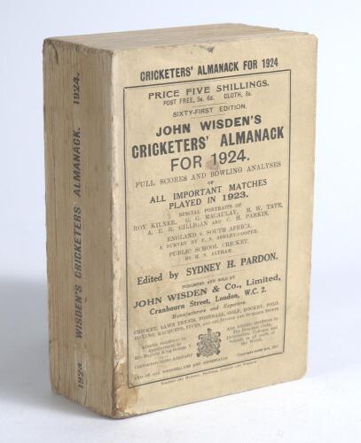 Wisden Cricketers&rsquo; Almanack 1924. 61st edition. Original paper wrappers. Some discolouration to wrappers and spine, minor wear to wrappers and spine paper, minor staining otherwise in good condition