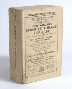 Wisden Cricketers&rsquo; Almanack 1924. 61st edition. Original paper wrappers. Some discolouration to wrappers and spine, minor wear to wrappers and spine paper, minor staining otherwise in good condition