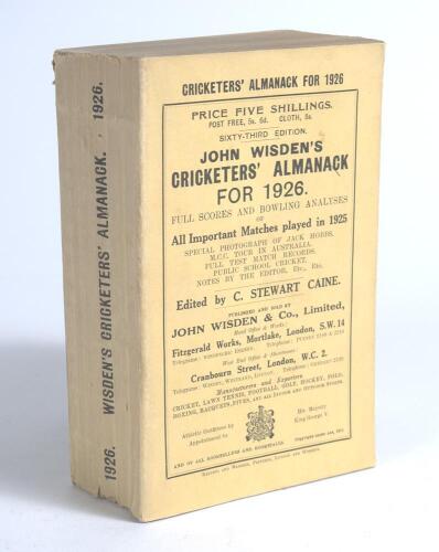 Wisden Cricketers&rsquo; Almanack 1926. 63rd edition. Original paper wrappers. Very good condition