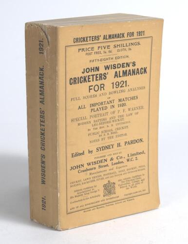 Wisden Cricketers&rsquo; Almanack 1921. 58th edition. Original paper wrappers. Minor wear and slight loss to head of spine paper otherwise in very good condition