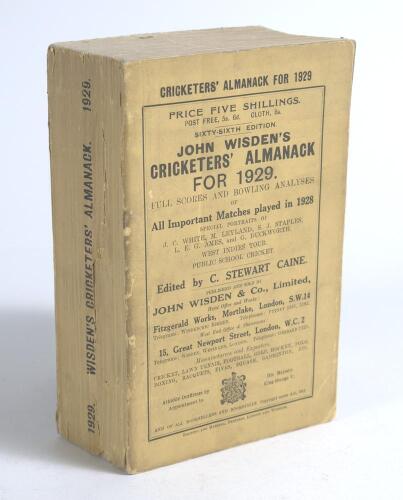 Wisden Cricketers&rsquo; Almanack 1929. 66th edition. Original paper wrappers. Minor faults to spine paper otherwise in very good condition