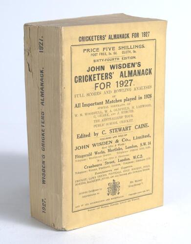 Wisden Cricketers&rsquo; Almanack 1927. 64th edition. Original paper wrappers. Tiny fault to spine paper otherwise in very good condition