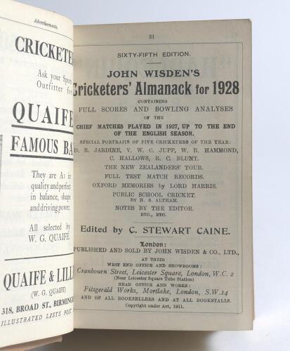 Wisden Cricketers&rsquo; Almanack 1928 and 1930. 65th & 67th editions. Bound in light brown boards with gilt titles to spine. The 1928 edition lacking wrappers, gilt to page block and in good condition. The 1930 with soiled original wrappers and in good conditi