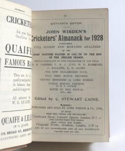 Wisden Cricketers&rsquo; Almanack 1928 and 1930. 65th & 67th editions. Bound in light brown boards with gilt titles to spine. The 1928 edition lacking wrappers, gilt to page block and in good condition. The 1930 with soiled original wrappers and in good conditi