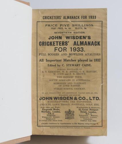 Wisden Cricketers&rsquo; Almanack 1933, 1936 and 1937. 70th, 73rd & 74th editions. Bound in light brown boards with gilt titles to spine. The 1933 edition with original front wrapper with some soiling, lacking rear wrapper, gilt to page block and in good condit