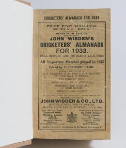 Wisden Cricketers&rsquo; Almanack 1933, 1936 and 1937. 70th, 73rd & 74th editions. Bound in light brown boards with gilt titles to spine. The 1933 edition with original front wrapper with some soiling, lacking rear wrapper, gilt to page block and in good condit