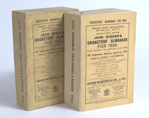 Wisden Cricketers&rsquo; Almanack 1934. 71st edition. Original paper wrappers. Odd minor fault otherwise in very good condition. Sold with a 1935 edition in original soiled and worn wrappers, internally good. Qty 2