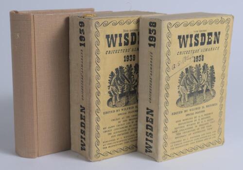 Wisden Cricketers&rsquo; Almanack 1938, 1939 and 1940. 75th, 76th & 77th editions. The 1938 and 1939 editions are original cloth covered editions, the 1940 bound in light brown boards, lacking covers, with gilt titles to spine. The 1938 edition with signature i