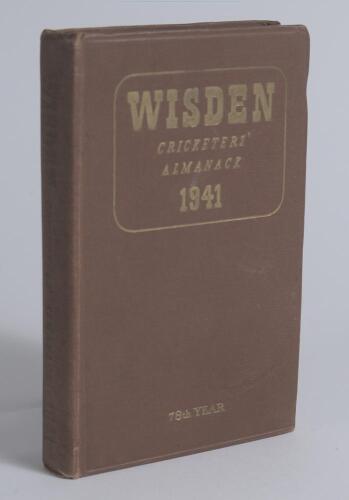 Wisden Cricketers&rsquo; Almanack 1941. 78th edition. Original hardback. Only 800 hardback copies were printed in this war year. Some dulling to gilt titles on the front board and spine, minor wear and staining to boards, some breaking to front internal hinge o