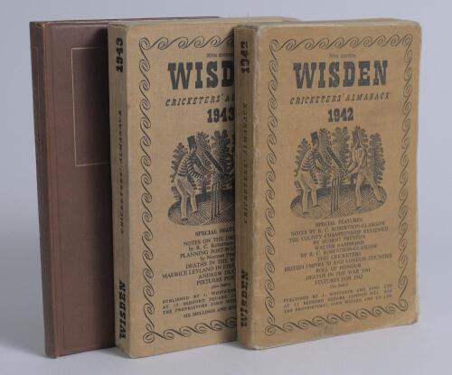 Wisden Cricketers&rsquo; Almanack 1942 and 1943. 79th & 80th editions. Original cloth covers. Both with some wear to covers especially the former, the 1942 edition with broken front internal hinges, some staining, scribble to rear cover, the 1943 edition in bet