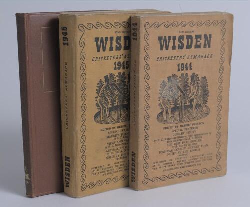Wisden Cricketers&rsquo; Almanack 1944 and 1945. 81st & 82nd editions. Original cloth covers. Both with some wear and soiling to covers especially the former, the 1944 edition with mark to front cover and some creasing, the 1945 edition in better condition with