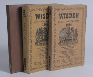 Wisden Cricketers&rsquo; Almanack 1944 and 1945. 81st & 82nd editions. Original cloth covers. Both with some wear and soiling to covers especially the former, the 1944 edition with mark to front cover and some creasing, the 1945 edition in better condition with