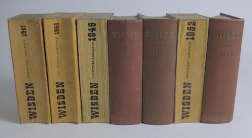 Wisden Cricketers&rsquo; Almanack 1947 to 1959. A mixture of original hardback and cloth covered editions. Original hardbacks for 1950, 1951, 1953 and 1955, the remainder of the books are cloth covered editions. Some faults, the 1948 and 1959 editions with bowi