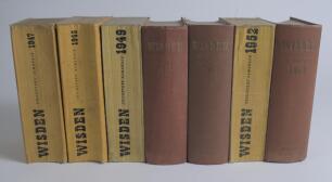 Wisden Cricketers&rsquo; Almanack 1947 to 1959. A mixture of original hardback and cloth covered editions. Original hardbacks for 1950, 1951, 1953 and 1955, the remainder of the books are cloth covered editions. Some faults, the 1948 and 1959 editions with bowi