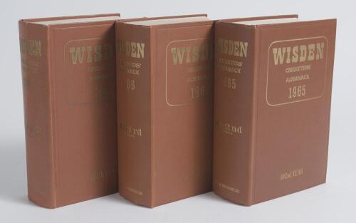 Wisden Cricketers&rsquo; Almanack 1965 to 1967. Original hardback editions lacking dustwrapper. Faults to the first two pages of the 1966 edition otherwise in good/very good condition. Qty 3