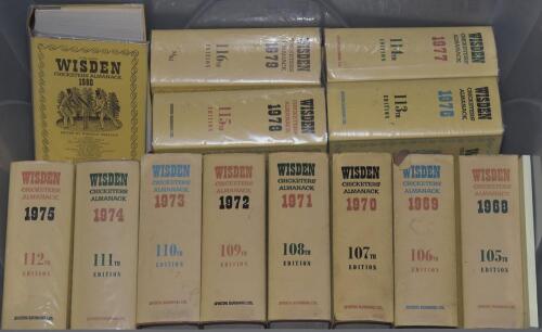 Wisden Cricketers&rsquo; Almanack 1968 to 2023. Original hardback editions with dustwrapper. Some books covered in removable transparent film to protect them, odd faults otherwise in good/very good condition. Qty 56