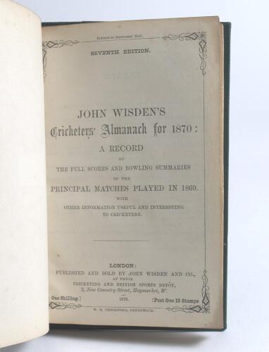Wisden Cricketers&rsquo; Almanack 1870. 7th edition. Bound in green quarter leather boards, lacking original paper wrappers, with title and date in gilt to spine. Pages checked, complete. Good/very good condition. Rare