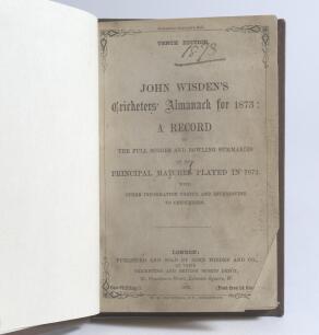 Wisden Cricketers&rsquo; Almanack 1873. 10th edition. Bound in brown boards, lacking original paper wrappers, with title and date in gilt to spine. Pages checked, complete. Loss to the lower right hand corner of the title page otherwise in good/very good condit