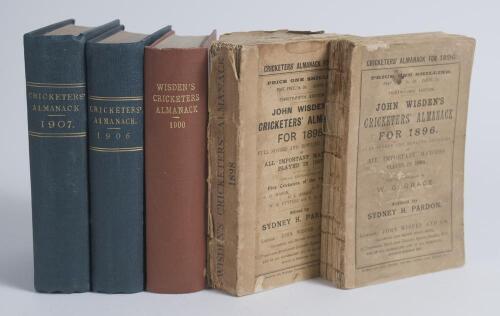 Wisden Cricketers&rsquo; Almanack 1896, 1898, 1900, 1906 & 1907. 33rd, 35th, 37th, 43rd and 44th editions. The first two editions are original paper editions, the 1896 lacking rear wrapper, broken page block and looks slightly incomplete, the 1898 edition with 