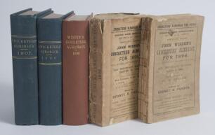 Wisden Cricketers&rsquo; Almanack 1896, 1898, 1900, 1906 & 1907. 33rd, 35th, 37th, 43rd and 44th editions. The first two editions are original paper editions, the 1896 lacking rear wrapper, broken page block and looks slightly incomplete, the 1898 edition with 