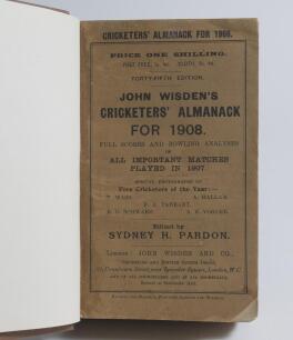 Wisden Cricketers&rsquo; Almanack 1908. 45th edition. Bound in light brown boards, with original wrappers, with title and date in gilt to spine. Minor loss to lower front wrapper corner loss otherwise in good condition
