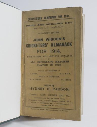 Wisden Cricketers&rsquo; Almanack 1914. 51st edition. Bound in dark green boards, with original paper wrappers, with gilt titles to spine. Soiling to original wrappers otherwise in good condition