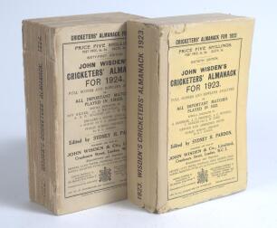 Wisden Cricketers&rsquo; Almanack 1923 and 1924. 60th & 61st editions. Original paper wrappers. The 1923 edition with facsimile spine paper, some faults and staining to wrappers otherwise in generally good condition. The 1924 edition with breaking to spine bloc