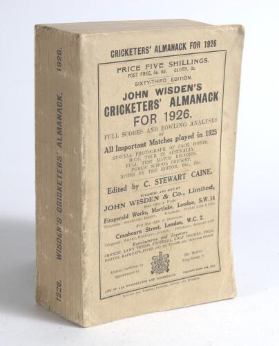Wisden Cricketers&rsquo; Almanack 1926. 63rd edition. Original paper wrappers. Some age toning and minor wear to wrappers otherwise in good+ condition