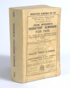 Wisden Cricketers&rsquo; Almanack 1925. 62nd edition. Original paper wrappers. Replacement spine paper, some soiling to original wrappers otherwise in good condition