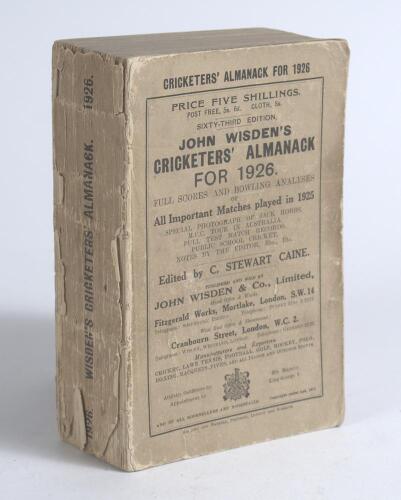 Wisden Cricketers&rsquo; Almanack 1926. 63rd edition. Original paper wrappers. Some discolouration to original wrappers, wear and some loss to spine paper otherwise in good condition