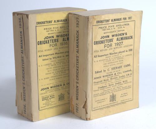 Wisden Cricketers&rsquo; Almanack 1927 and 1936. 64th & 73rd editions. Original paper wrappers. Both editions with facsimile spine papers otherwise in good condition. Qty 2