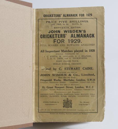 Wisden Cricketers&rsquo; Almanack 1929. 66th edition. Bound in light brown boards, with original paper wrappers, gilt titles to spine. Some soiling and wear to wrappers otherwise in good condition