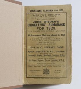 Wisden Cricketers&rsquo; Almanack 1929. 66th edition. Bound in light brown boards, with original paper wrappers, gilt titles to spine. Some soiling and wear to wrappers otherwise in good condition