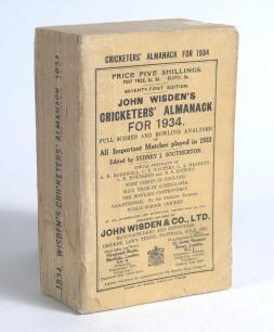 Wisden Cricketers&rsquo; Almanack 1934. 71st edition. Original paper wrappers. Some old staining to lower corner of the book otherwise in good condition