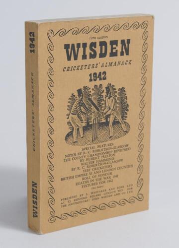 Wisden Cricketers&rsquo; Almanack 1942. 79th edition. Original limp cloth covers. Only 4100 paper copies printed in this war year. Very good/excellent condition. Rare war-time edition