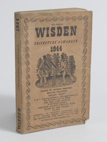 Wisden Cricketers&rsquo; Almanack 1944. 81st edition. Original limp cloth covers. Only 5600 paper copies printed in this war year. Some soiling, wear and discolouration to covers otherwise in good condition. Rare war-time edition