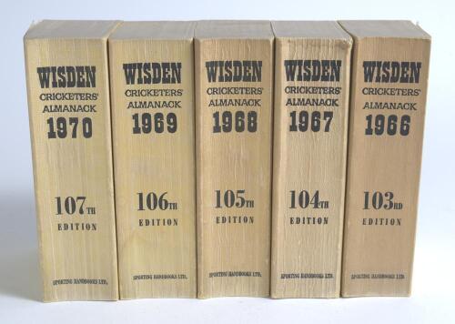 Wisden Cricketers&rsquo; Almanacks 1966 to 1970. Original cloth covered covers. Good condition. Qty 5
