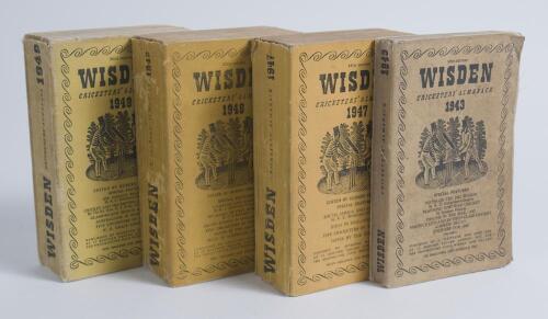 Wisden Cricketers&rsquo; Almanacks 1943, 1947, 1948 and 1949. Original cloth covered covers. Heavy staining and wear to the 1943 edition, the remaining three editions with some faults otherwise in good condition. Qty 4