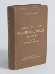 Wisden Cricketers&rsquo; Almanack 1910. 47th edition. Original hardback. Very minor wear to board extremities otherwise in very good condition with gilt titles bright. A rarer hardback edition