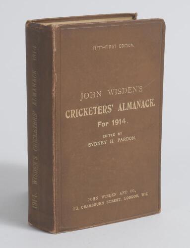 Wisden Cricketers&rsquo; Almanack 1914. 51st edition. Original hardback. Breaking to the rear internal hinges, handwritten name scribbled out to top edge of inside front board, wear and slight breaking to front internal hinge, some wear to board and board extre