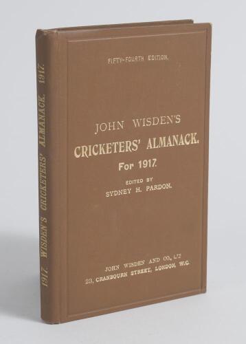 Wisden Cricketers&rsquo; Almanack 1917. 54th edition. Original hardback. Excellent condition throughout, pencil signature of ownership to top border of front yellow end paper. A rare wartime hardback edition with gilt titles to front board and spine very bright