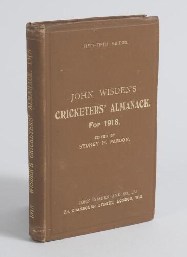 Wisden Cricketers&rsquo; Almanack 1918. 55th edition. Original hardback. Odd very minor marks to front board, wear to the head and base of the spine paper, pencil name and date of ownership handwritten to the top border of the front yellow end paper otherwise 