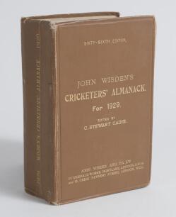 Wisden Cricketers&rsquo; Almanack 1929. 66th edition. Original hardback. Some wear and creasing to the spine paper, ink signature to front end board, some wear to board extremities otherwise in good condition