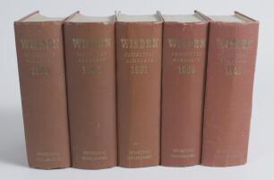 Wisden Cricketers&rsquo; Almanack 1949 to 1953. Original hardback editions. The 1949 edition with broken front and rear internal hinges, the 1950 with broken front internal hinges, the 1951 with wear to the front internal hinges, the 1952 edition with wear to t