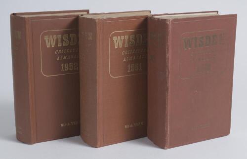 Wisden Cricketers&rsquo; Almanack 1950 to 1952. Original hardback editions. The first two copies with fading to gilt titles on the spine, the 1950 edition with fading to the titles on the front board, the 1950 edition with broken front internal hinges and break