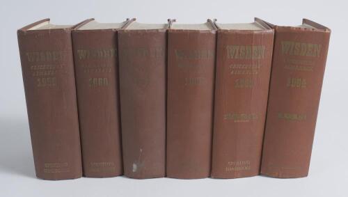 Wisden Cricketers&rsquo; Almanack 1959 to 1964. Original hardback editions. The 1959 edition with broken internal hinges at front and rear, the 1960 to 1963 editions with broken internal hinges to either front or rear, all with fading to either the front board 